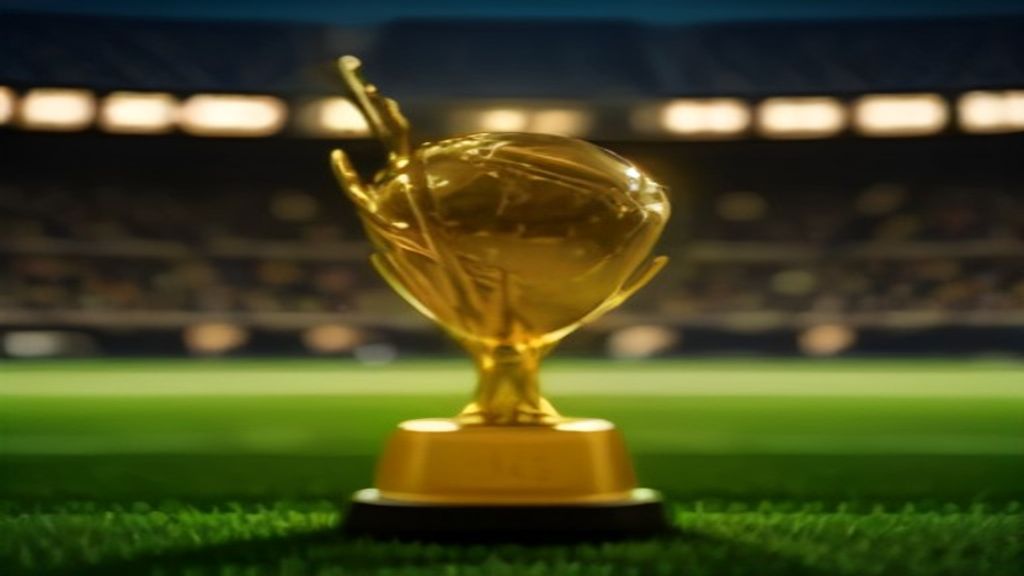 Troféu dourado de futebol no gramado de um estádio à noite — cobertura da Copa do Brasil na Central do Futebol